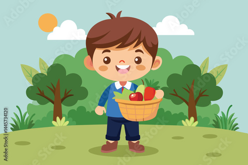 The happy boy, dressed in casual clothes, smiles as he proudly holds a basket filled with colorful fruits, surrounded by trees under a clear blue sky.