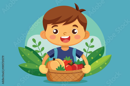 A happy young boy smiles widely while carrying a basket filled with vibrant fruits and vegetables amidst leafy plants, showcasing the joy of nature.