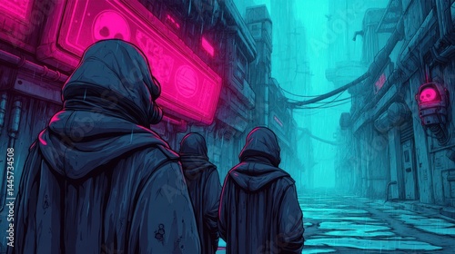 Mysterious hooded figures walk through a neon-lit cyberpunk city alley in the rain, surrounded by futuristic buildings and glowing signs in a dark, atmospheric scene