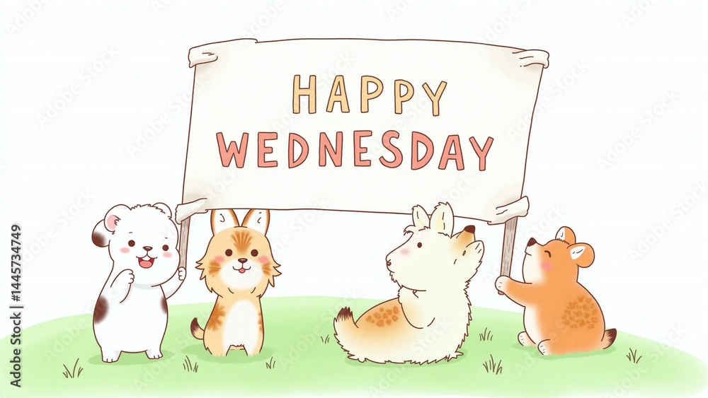 Naklejka premium Cute cartoon animals holding Happy Wednesday banner