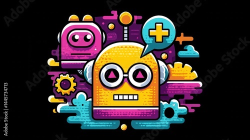 Colorful cartoon robot with geometric shapes, vibrant background, and speech bubble with plus sign. Modern digital illustration in a playful, futuristic style on black.