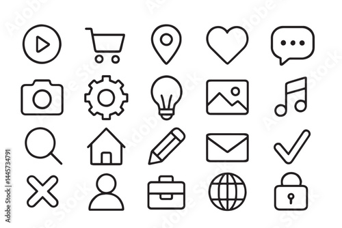 Vector Icon Collection: A comprehensive set of meticulously crafted icons, designed with minimalist elegance, offering a versatile visual language for various digital applications and interfaces. 