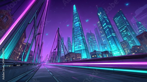 Futuristic cityscape at night with neon lights, glowing skyscrapers, and a modern bridge under a purple sky. Cyberpunk urban scene, vibrant colors, empty road, science fiction atmosphere.