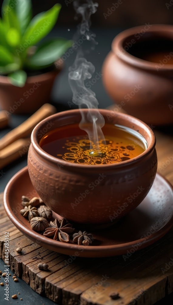 Warm aromatic liquid in a clay cup with spices and tea leaves, spices, herbs Warm aromatic liquid in a clay cup with spices and tea leaves, spices, herbs