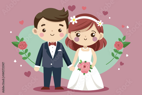A cheerful young couple stands hand in hand, dressed in wedding outfits, surrounded by hearts and flowers on a soft pastel backdrop, exuding love and joy.