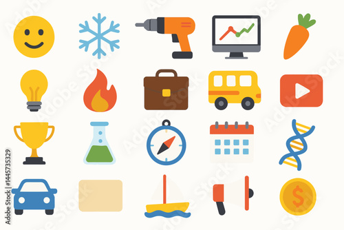 Diverse Icon Set: A colorful array of vector icons, encompassing a wide spectrum of concepts, from tools and nature elements to business and communication symbols.