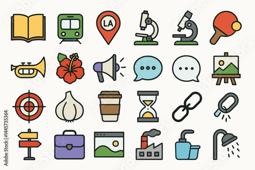 Iconic Collection: A vibrant assortment of modern icons, artfully arranged, representing various aspects of everyday life, designed for diverse applications. 