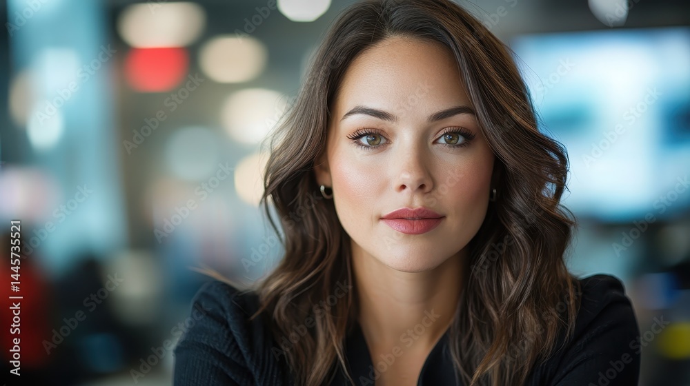 custom made wallpaper toronto digitalA close-up portrait of a stunning woman with dark hair, exuding confidence and elegance, against a subtle background that enhances her captivating features and expression.