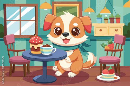 A cheerful cartoon dog sits at a table in a vibrant cafÃ©, happily enjoying a dessert and a cup of coffee surrounded by colorful furnishings and plants.