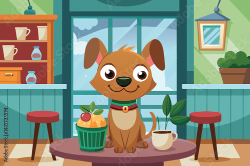 A cheerful cartoon dog sits on a table in a cafÃ©, surrounded by a potted plant, a bowl of food, and a cup of coffee, basking in the sunlight.