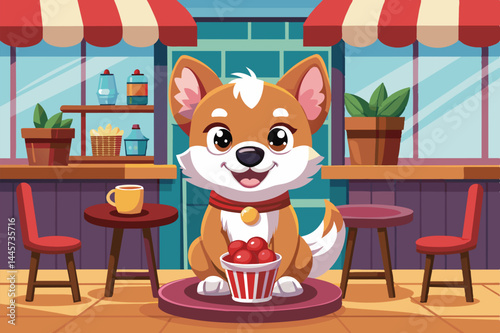 A friendly corgi sits happily in a quaint cafe, surrounded by charming decor, holding a basket of red treats with a warm drink on a table nearby.