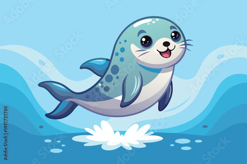 A cheerful cartoon seal leaps from the water, splashing playfully as it smiles in a bright blue ocean setting filled with waves and joy.