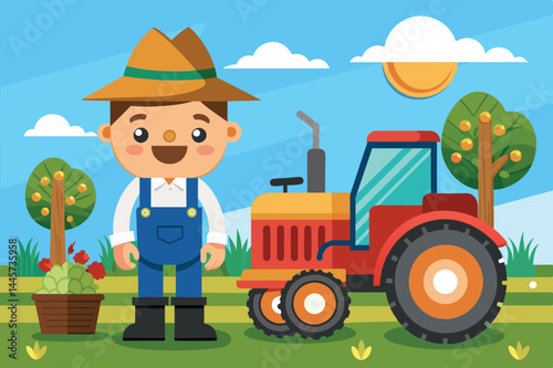 A smiling farmer wearing overalls and a hat stands next to a red tractor amidst colorful trees, flowers, and a bright sunny sky on a lively farm.