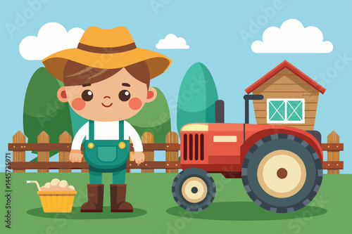 The child smiles while standing near a bright red tractor under a clear blue sky, surrounded by trees and a wooden fence, evoking a joyful farm atmosphere.