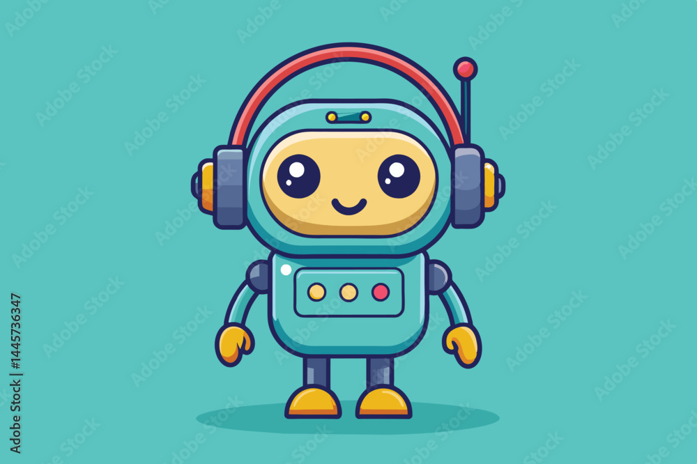A colorful cartoon robot stands smiling against a solid green backdrop, showcasing its bright features, headphones, and friendly demeanor. A colorful cartoon robot stands smiling against a solid green backdrop, showcasing its bright features, headphones, and friendly demeanor.
