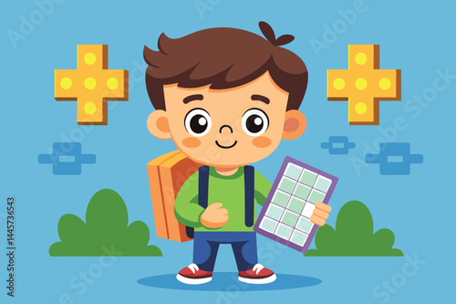 A young boy with a backpack smiles while holding a colorful counting board in a cheerful, animated environment with playful background elements.