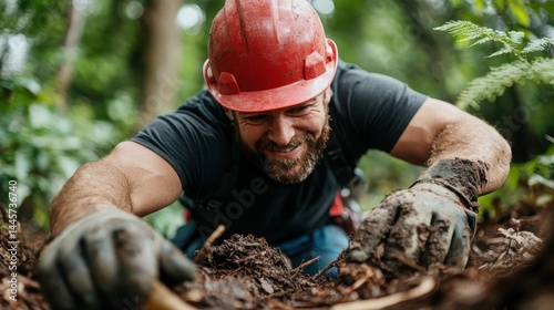 A dedicated worker smiles while laboriously digging in lush soil, showcasing their commitment to environmental sustainability and a deep connection with the earth's resources. photo