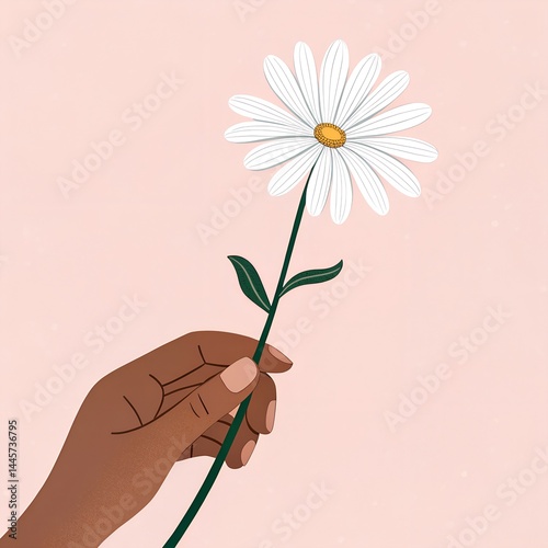 Hand Holding Daisy Flower on Soft Pink Background. Vector Illustration