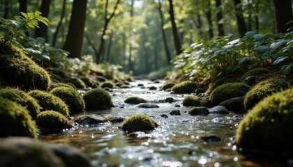 Leinwandbilder Khaki Serene forest stream flowing over mosscovered rocks in a tranquil woodland landscape  © ชลธิชา สว่างวงค์