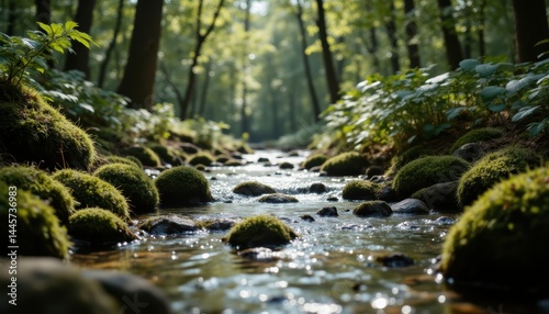 Serene forest stream flowing over mosscovered rocks in a tranquil woodland landscape