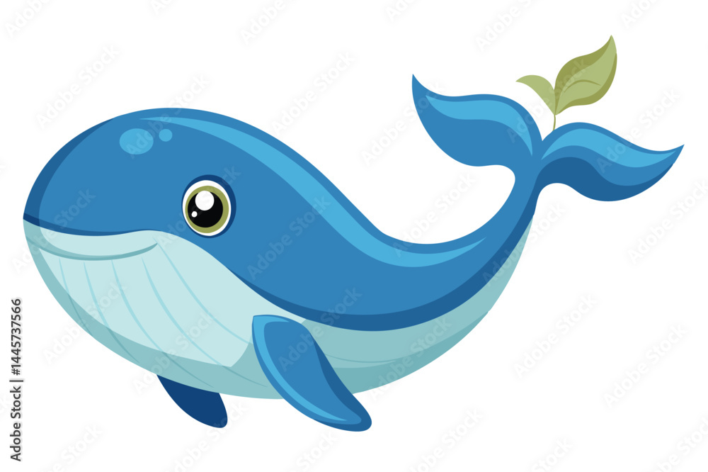 A playful blue whale glides through the water, adorned with a small green leaf on its tail. The joyful expression adds a whimsical touch to the underwater atmosphere.