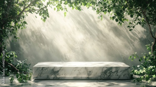 White Marble Podium in Sunlit Green Forest Setting