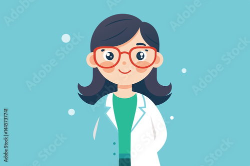 A friendly young woman wearing glasses and a lab coat smiles warmly, embodying the spirit of a dedicated scientist ready to engage in her research activities.