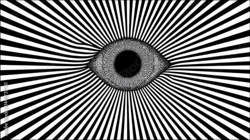 Hypnotic eye with black and white optical illusion lines, psychedelic vision, surreal abstract art, trippy geometric pattern, mind-bending visual effect, modern graphic design.