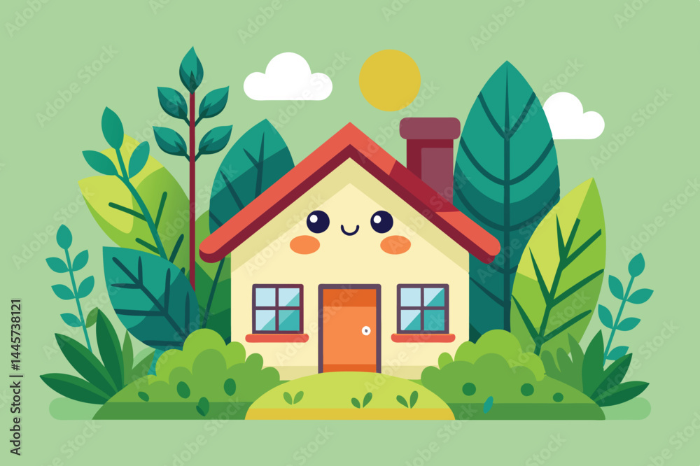 Naklejka premium A cartoon-style house with a smiling face sits amidst lush greenery, large leaves, and a bright sun. The colorful scene evokes a sense of joy and playfulness in nature.