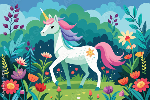 The enchanting unicorn, adorned with a rainbow mane, strolls through a lively garden filled with various flowers and foliage, creating a whimsical atmosphere.