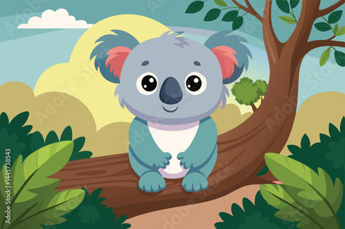A charming cartoon koala perches on a sturdy branch, surrounded by vibrant foliage and trees under a clear blue sky filled with fluffy clouds, enjoying a sunny day.
