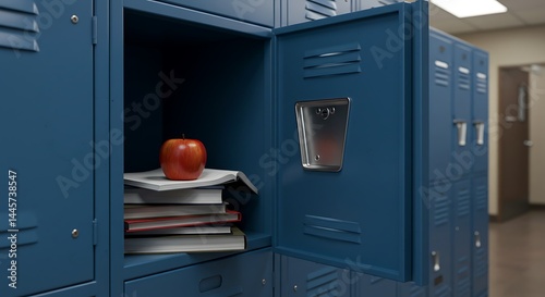 Red Apple sits atop Stack of Books inside Open Blue School Locker in Bright Hallway setting, conveying Knowledge, Achievement, and Education