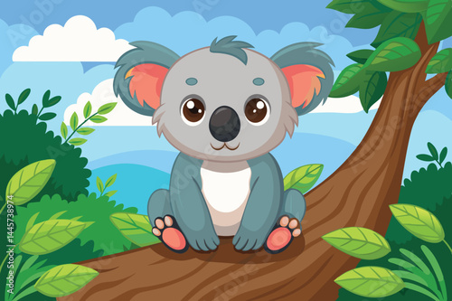 A charming cartoon koala rests on a tree branch, surrounded by vibrant green leaves under a bright blue sky with fluffy white clouds.