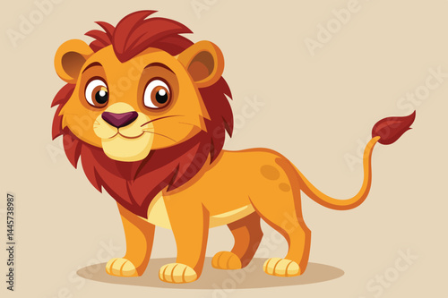 The cartoon lion features a bright orange coat and a fluffy mane, exuding a playful demeanor and displaying charming, exaggerated facial expressions and colors.