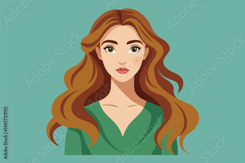 The woman with long, wavy hair looks directly at the viewer, wearing a green top that complements her features, set against a calming teal backdrop.