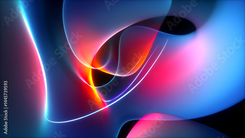 Fototapeta Naklejka Na Ścianę i Meble -  3d render  background with part of surreal flower in curve wavy organic lines forms in deformation process in dark translucent matte blue plastic material with purple neon laser round stripe