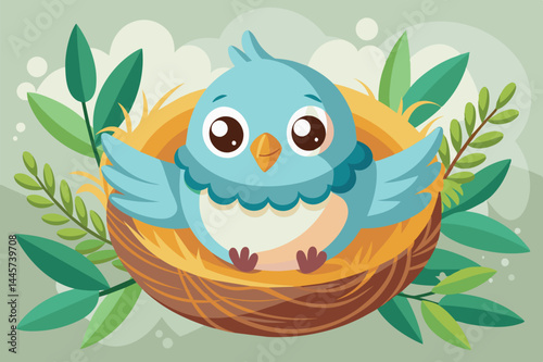 A cheerful blue bird flaps its wings while resting in a nest, surrounded by lush green leaves, creating a cheerful and vibrant atmosphere.