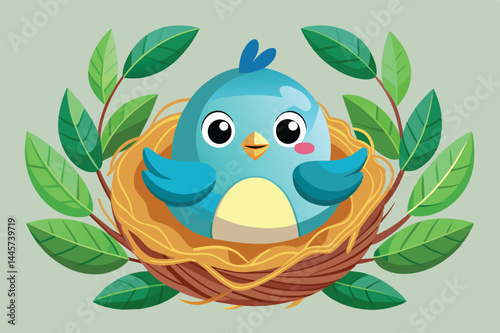 A blue bird with a joyful expression sits comfortably in a nest made of twigs, surrounded by vibrant green leaves, evoking a sense of warmth and springtime.