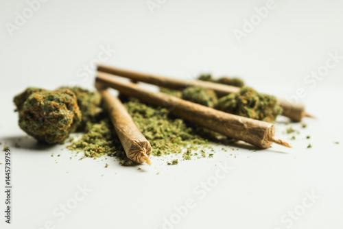 Close up of marijuana joint and buds on white background.