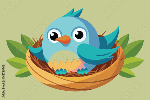 A bright blue bird with expressive eyes makes its home in a cozy straw nest, nestled among lush green leaves in a playful and inviting environment.
