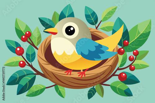 A small, cheerful bird with bright blue and yellow feathers rests in a cozy nest. It is perched among green leaves and red berries, creating a lively atmosphere.