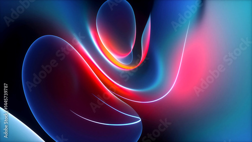3d render  background with part of surreal flower in curve wavy organic lines forms in deformation process in dark translucent matte blue plastic material with purple neon laser round stripe