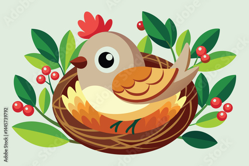 A delightful bird with brown feathers is nestled in a well-formed nest, surrounded by lush green leaves and bright red berries, creating a cheerful scene.