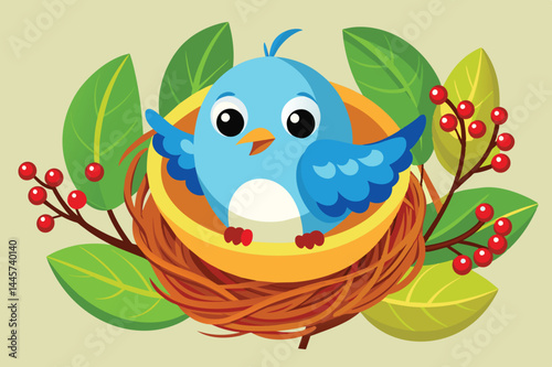 A blue bird sits contently in a nest, surrounded by lush green leaves and red berries, symbolizing natures beauty and tranquility.