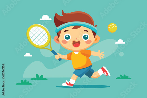 The cheerful boy runs energetically across a grassy area, holding a tennis racket while a tennis ball bounces nearby, capturing his playful spirit.