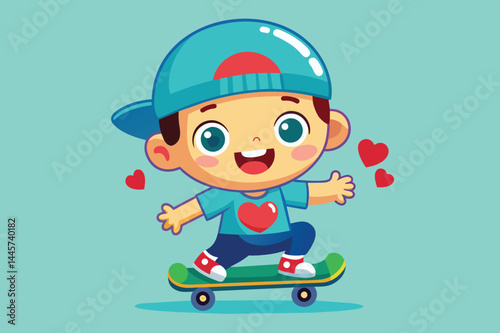 A young boy wearing a blue cap and heart-themed shirt smiles as he skates on a vibrant green skateboard, surrounded by cheerful heart shapes.