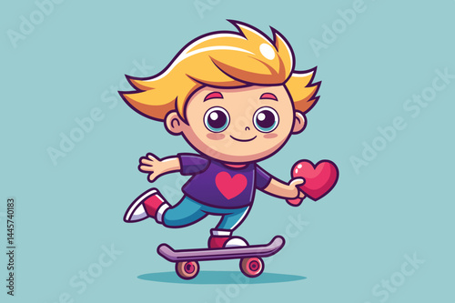 A young child with blonde hair rides a skateboard, smiling as they hold a red heart balloon. The backdrop features a vibrant blue color, enhancing the joyful atmosphere.