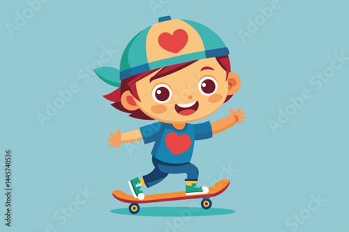A cheerful young boy is enjoying skateboarding while wearing a cap and shirt adorned with a heart motif against a vibrant blue backdrop.