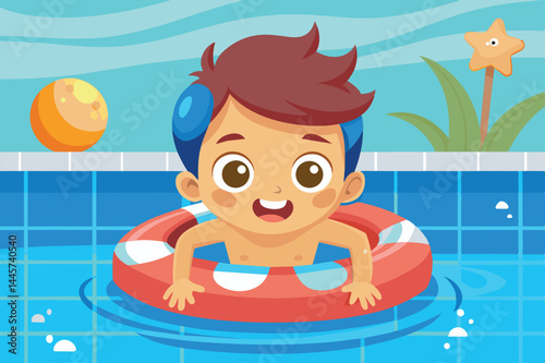 A cheerful child splashes in a colorful pool while holding onto a bright float. Nearby, a beach ball and starfish add to the vibrant summer atmosphere.