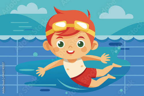 A boy with bright red hair swims happily in a pool under a clear blue sky, wearing yellow goggles and red swim shorts, showcasing pure joy during summer fun.